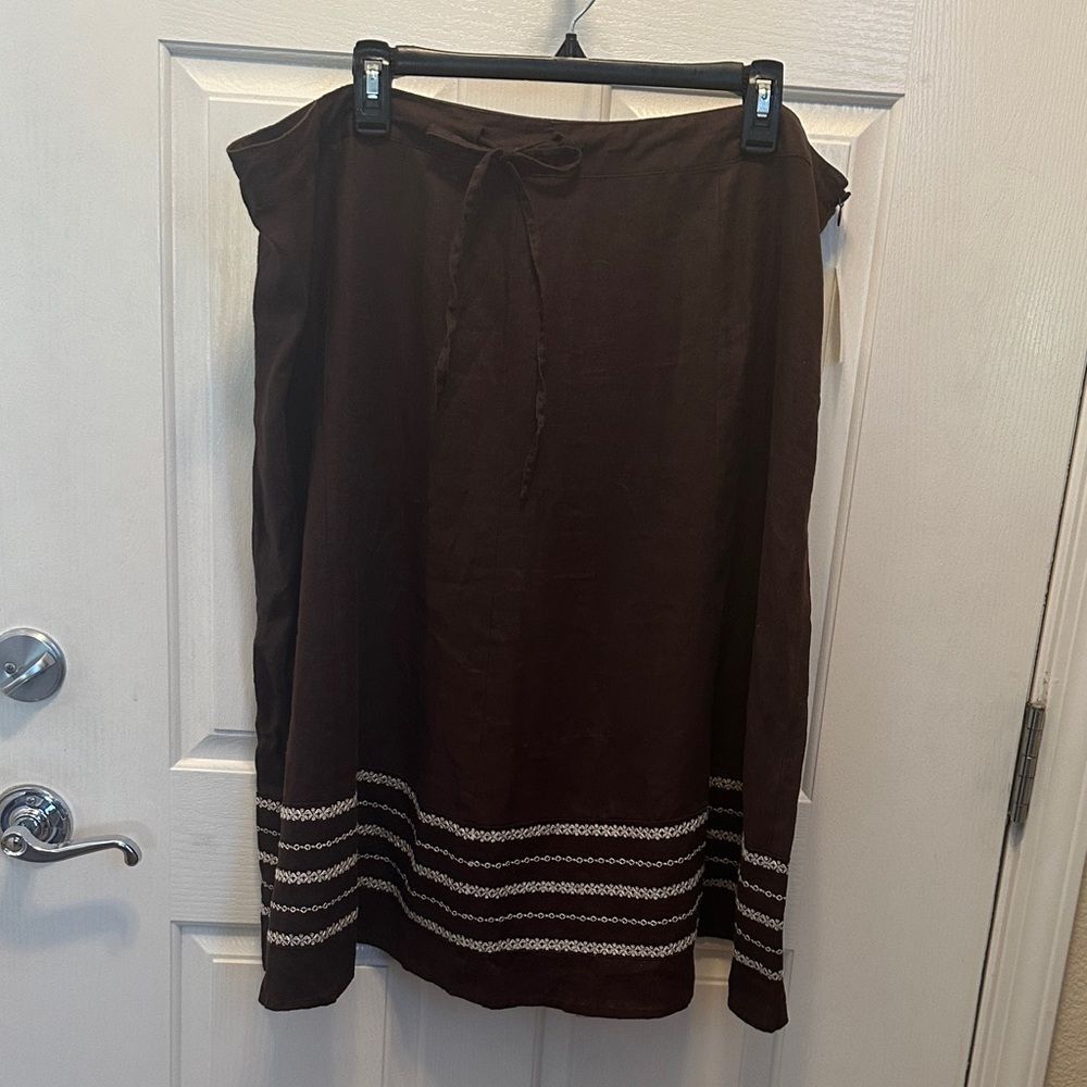 Style & Co. Dark Brown 100% Linen Skirt with Cream Embroidered Stripes Size 20W
